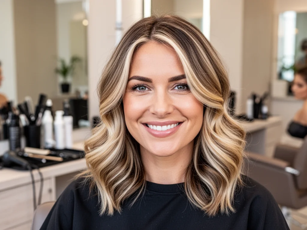 Uśmiechnięta kobieta prezentuje świeże pasemka blond z jasnym brązem w nowoczesnym, jasno oświetlonym salonie fryzjerskim.
