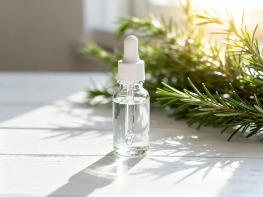 Szklana butelka z pipetą zawierająca przezroczysty płyn DMSO na tle gałązek rozmarynu w świetle poranka.