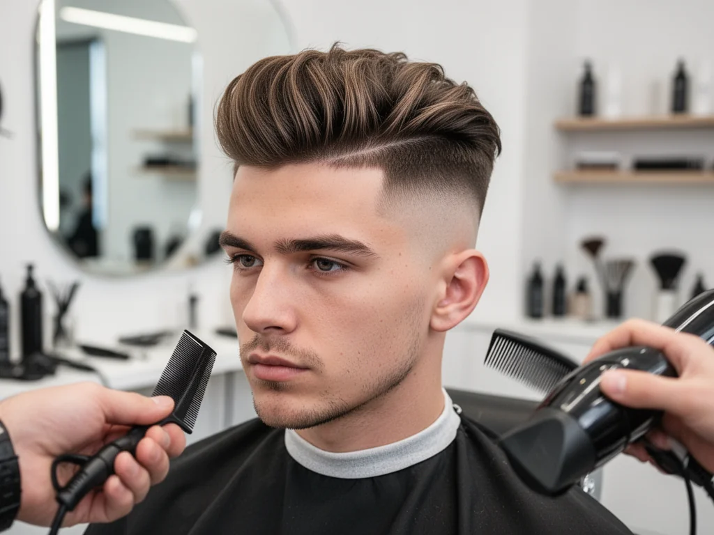 Młody mężczyzna z fryzurą blowout taper w salonie barberskim, podkreślone czyste boki i objętość na górze włosów.