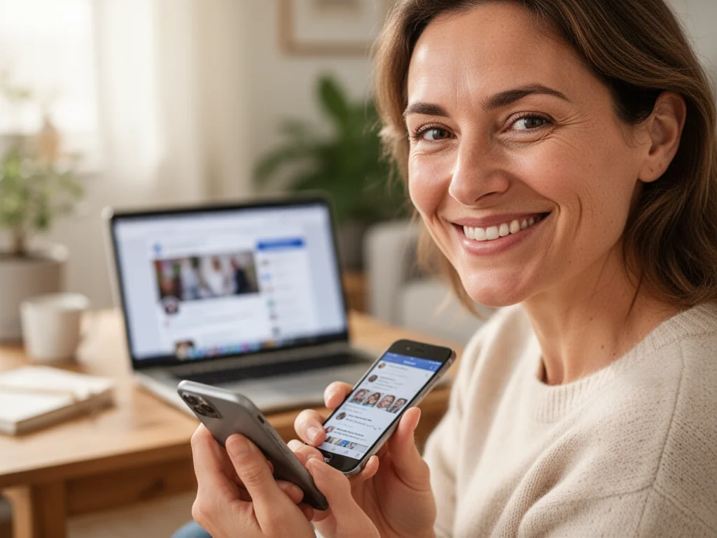 Uśmiechnięta kobieta z telefonem w dłoni dziękuje za życzenia na Facebooku w przytulnym, domowym otoczeniu.