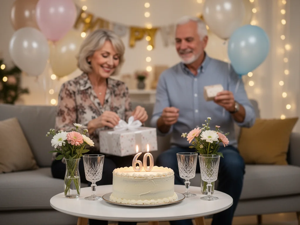 Eleganckie przyjęcie 60. urodzin: tort z cyfrą 60, jubilatka otwierająca prezent, obok niej mężczyzna z balonami