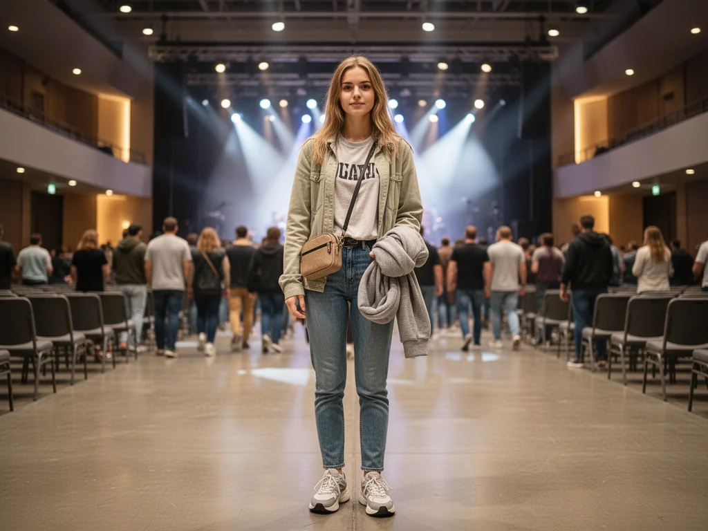 Młoda kobieta w wygodnym, warstwowym stroju na koncert w hali, z małą torebką i zapasową bluzą, na tle wchodzącego tłumu.