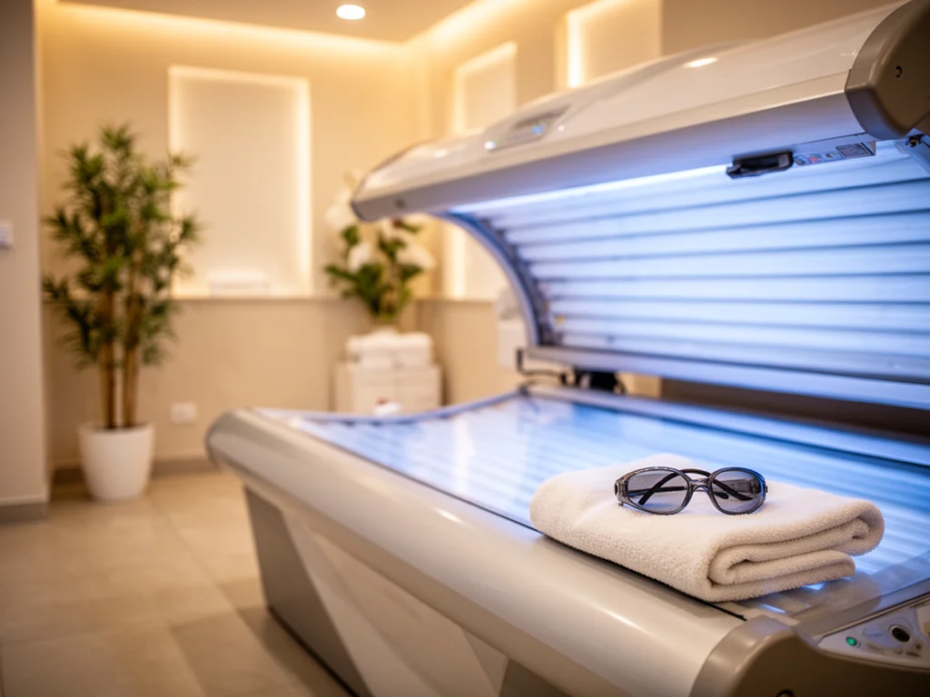 Nowoczesne łóżko w solarium, delikatne niebieskie światło, ręcznik i okularki ochronne w spokojnym, spa-like wnętrzu.