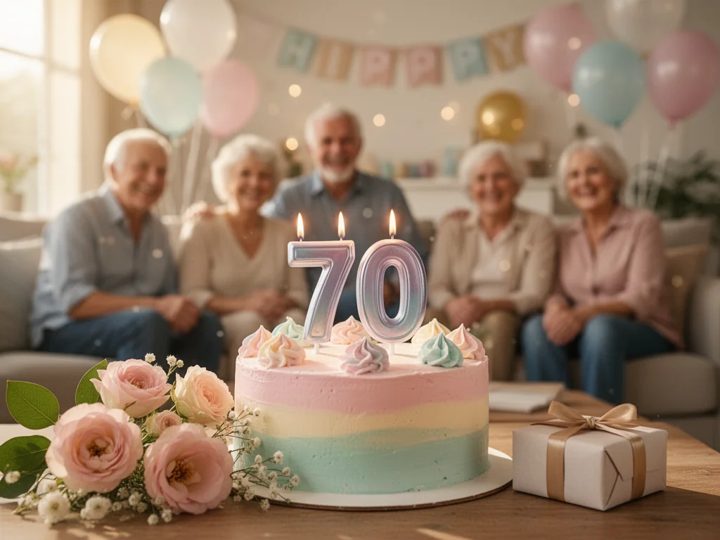 Pastelowy tort z świeczkami „70” w otoczeniu kwiatów i prezentu, w tle rodzina świętująca 70. urodziny jubilata