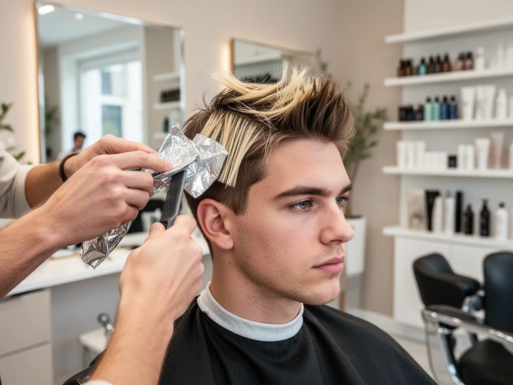 Młody mężczyzna w salonie fryzjerskim, fryzjer nakłada pasemka blond na krótkie brązowe włosy folią.