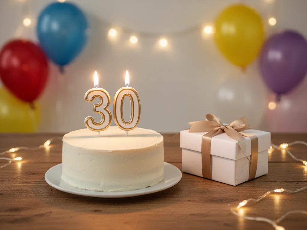 Jasne przyjęcie urodzinowe z tortem i świeczkami „30” oraz eleganckim prezentem, w tle balony i lampki tworzące nastrój.