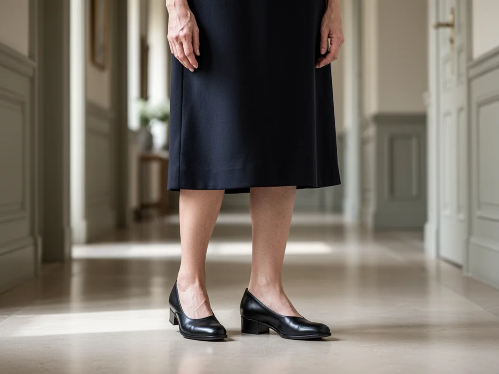 Eleganckie czarne czółenka na niskim obcasie do prostej, ciemnej sukienki midi, styl odpowiedni na pogrzeb.