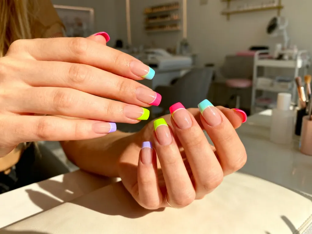 Dłonie z perfekcyjnym manicure typu french w pastelowych i neonowych kolorach na tle nowoczesnego salonu kosmetycznego.