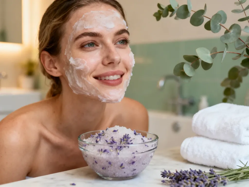Szklana miseczka z naturalnym peelingiem cukrowym z płatkami lawendy w relaksującym wnętrzu domowego spa.