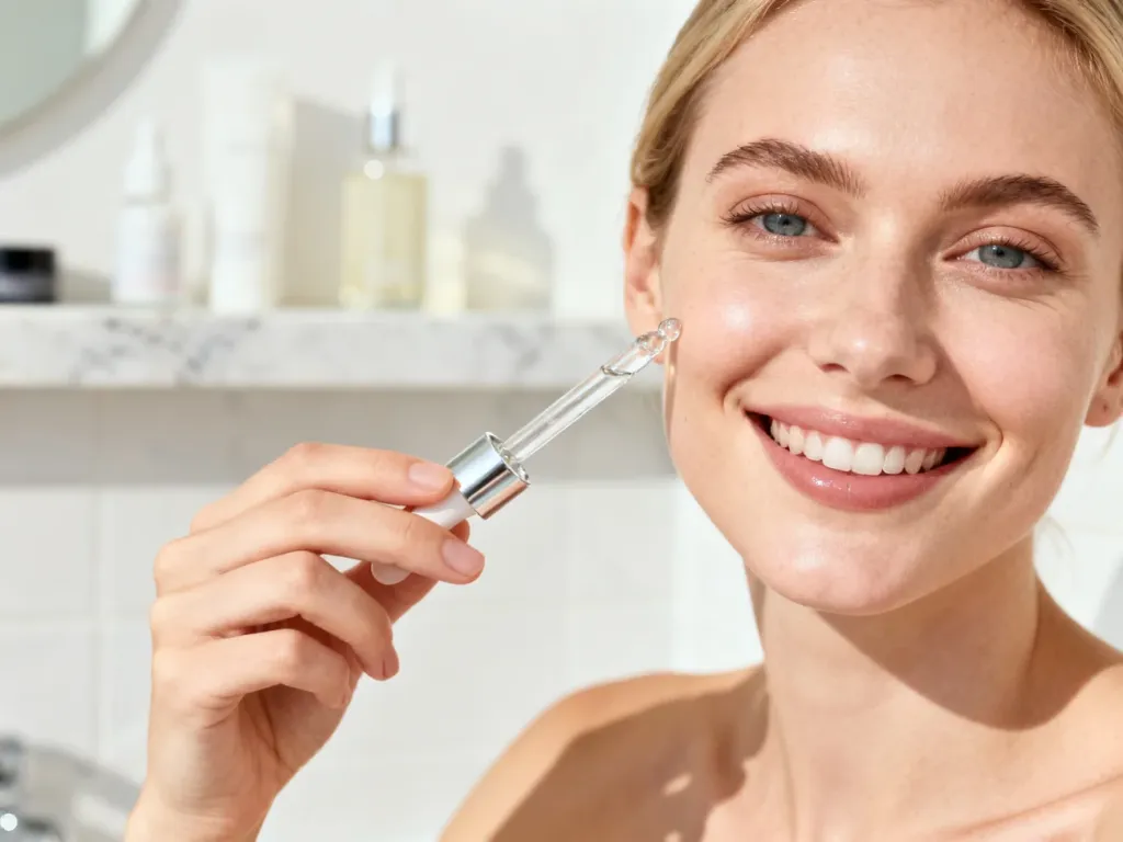 Uśmiechnięta kobieta trzymająca kroplomierz z serum przy twarzy w jasnej, minimalistycznej łazience.