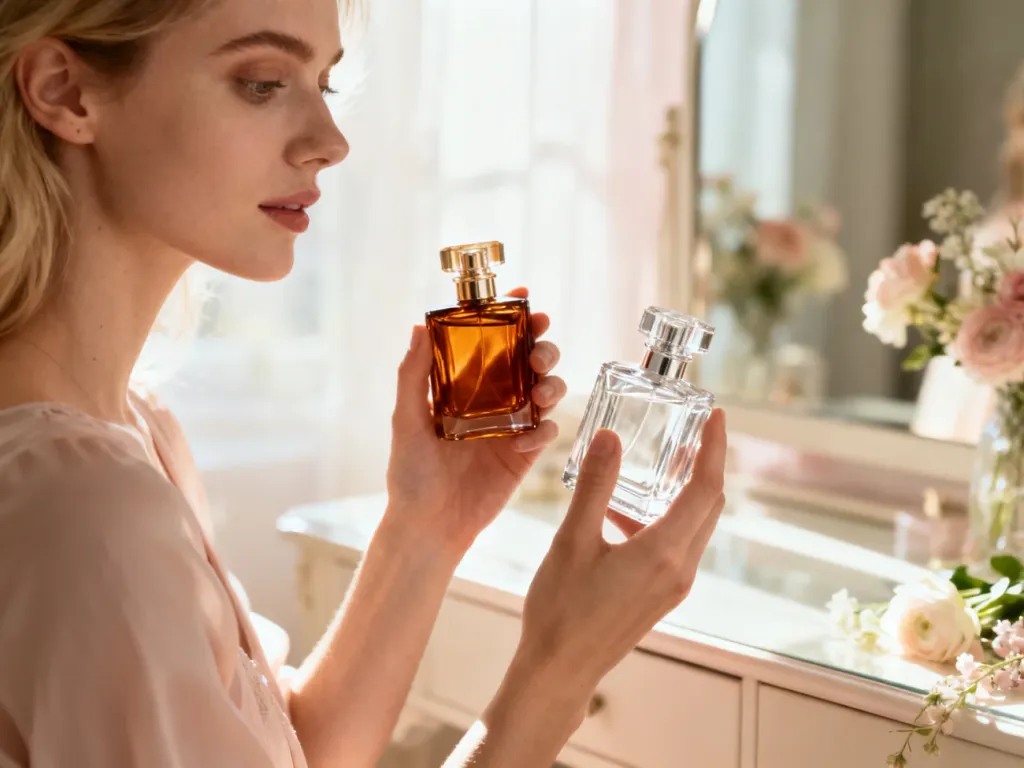 Elegancka kobieta trzymająca dwa luksusowe flakony perfum na tle słonecznej toaletki.