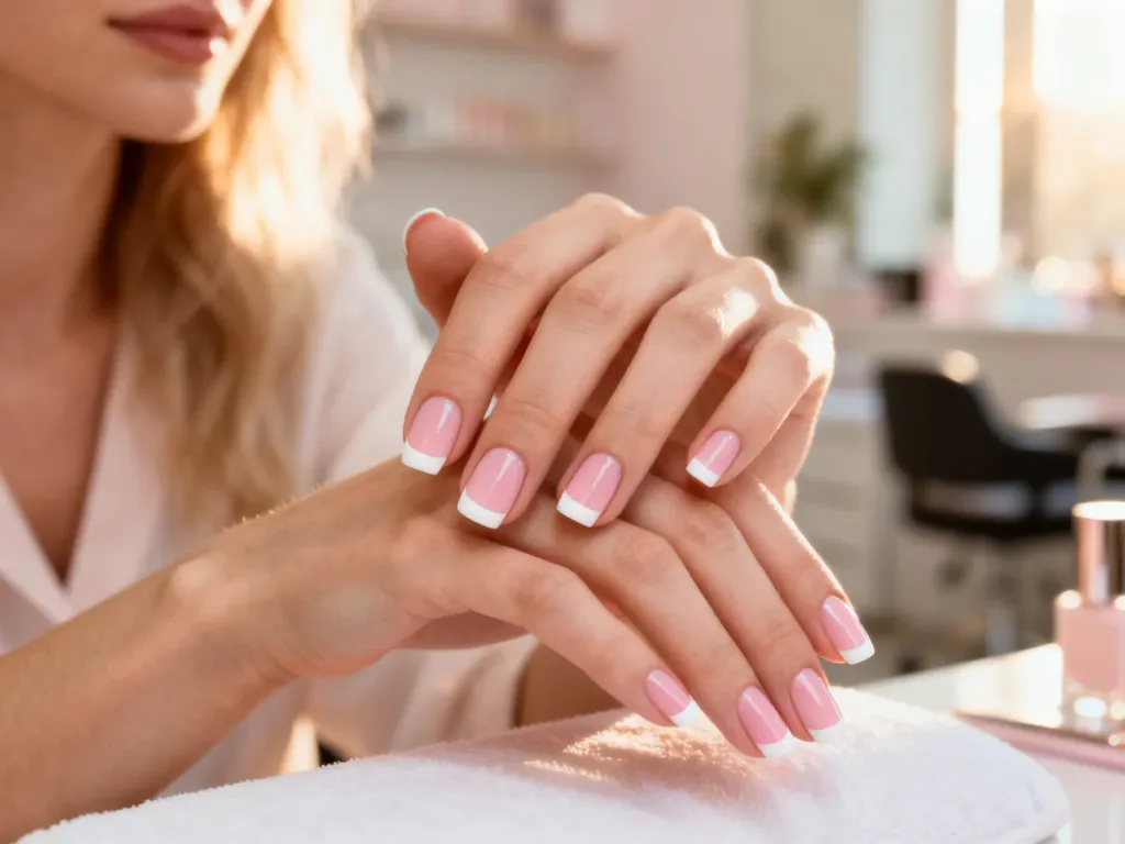 Dłonie z idealnie wykonanym manicurem francuskim o czystych, białych końcówkach i delikatnie różowej płytce paznokcia.
