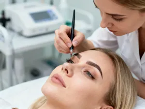 Ręka malarza miesza czerwony, żółty, niebieski i biały na palecie, tworząc różne odcienie brązu, w tle rozmyte akcesoria malarskie.