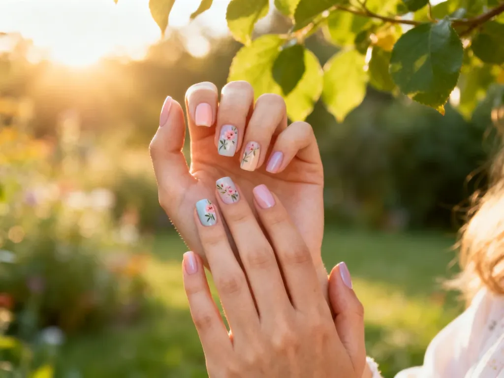 Dłonie z eleganckim manicure w pastelowych odcieniach z delikatnym kwiatowym wzorem na tle słonecznego ogrodu.