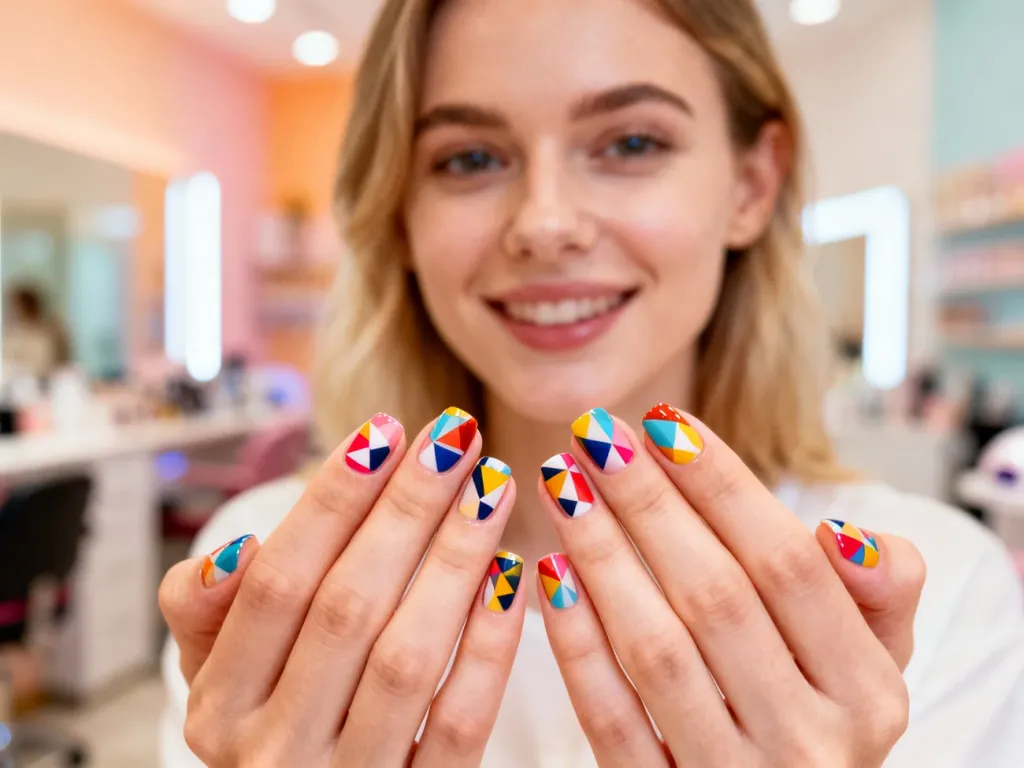 Dłonie z profesjonalnym, wielokolorowym manicure z geometrycznymi wzorami na tle estetycznego salonu kosmetycznego.