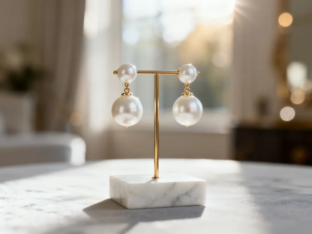 Eleganckie kolczyki z białymi perłami wyeksponowane na minimalistycznym marmurowym stojaku w luksusowym wnętrzu.