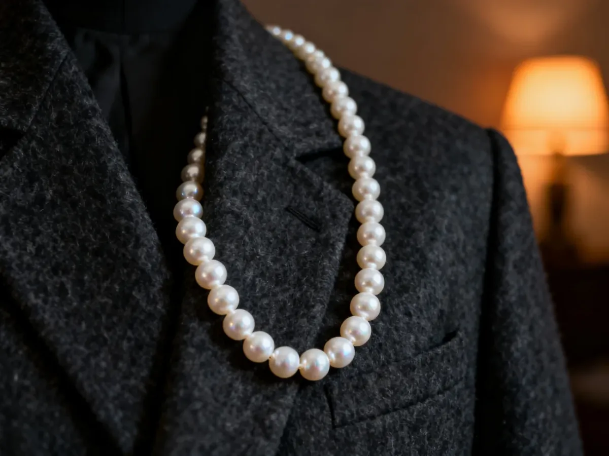 Elegancki naszyjnik z białych pereł ułożony na ciemnej, wełnianej marynarce, podkreślający nowoczesny męski styl.