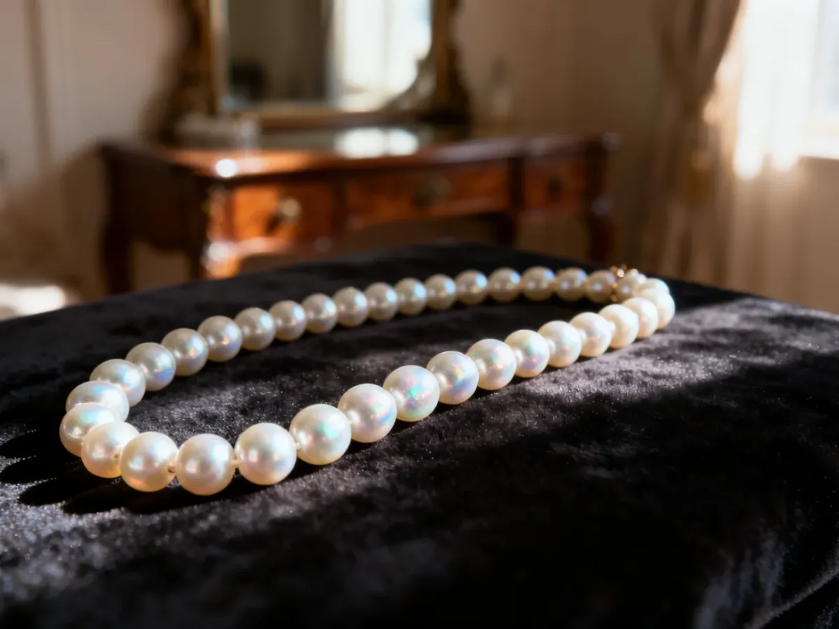 Białe perły o połyskującej powierzchni ułożone na ciemnym aksamicie, podkreślające ich naturalny blask i elegancję.