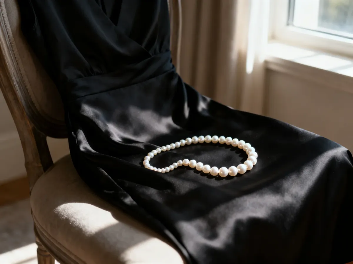 Klasyczny sznur białych pereł spoczywający na czarnej jedwabnej sukience w eleganckim, minimalistycznym wnętrzu.