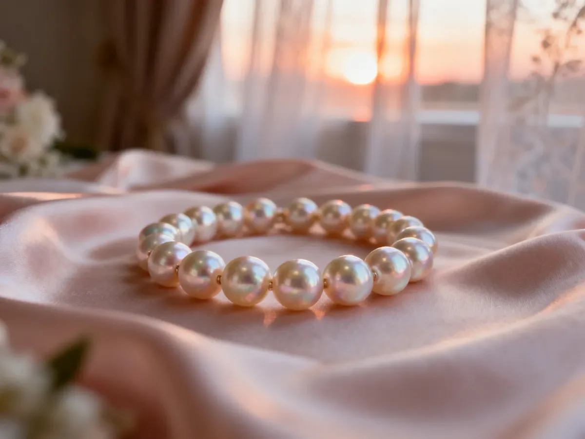 Elegancka bransoletka z pereł leżąca na jedwabnym materiale w romantycznej, ślubnej scenerii.
