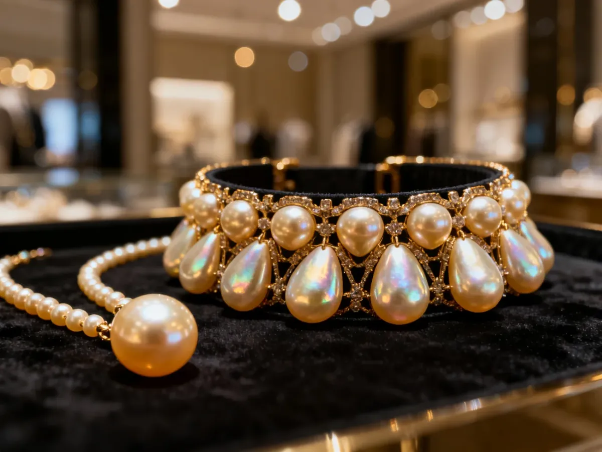 Eleganckie naszyjniki z jedną perłą oraz wieloperłowy choker wyeksponowane na aksamitnym tle w luksusowym butiku.