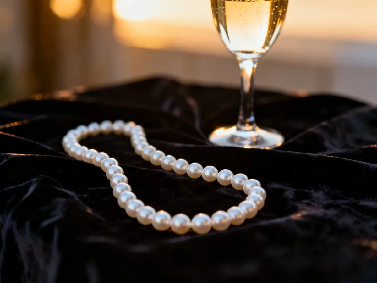 Elegancki sznur białych pereł na aksamitnym tle w otoczeniu kieliszka szampana, podkreślający szykowny charakter stylizacji.