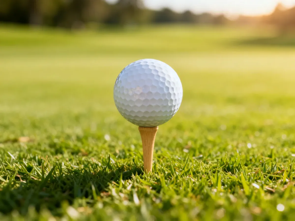 Biała piłka golfowa na drewnianym tee, spoczywająca na idealnie przystrzyżonej murawie pola golfowego w porannym słońcu.