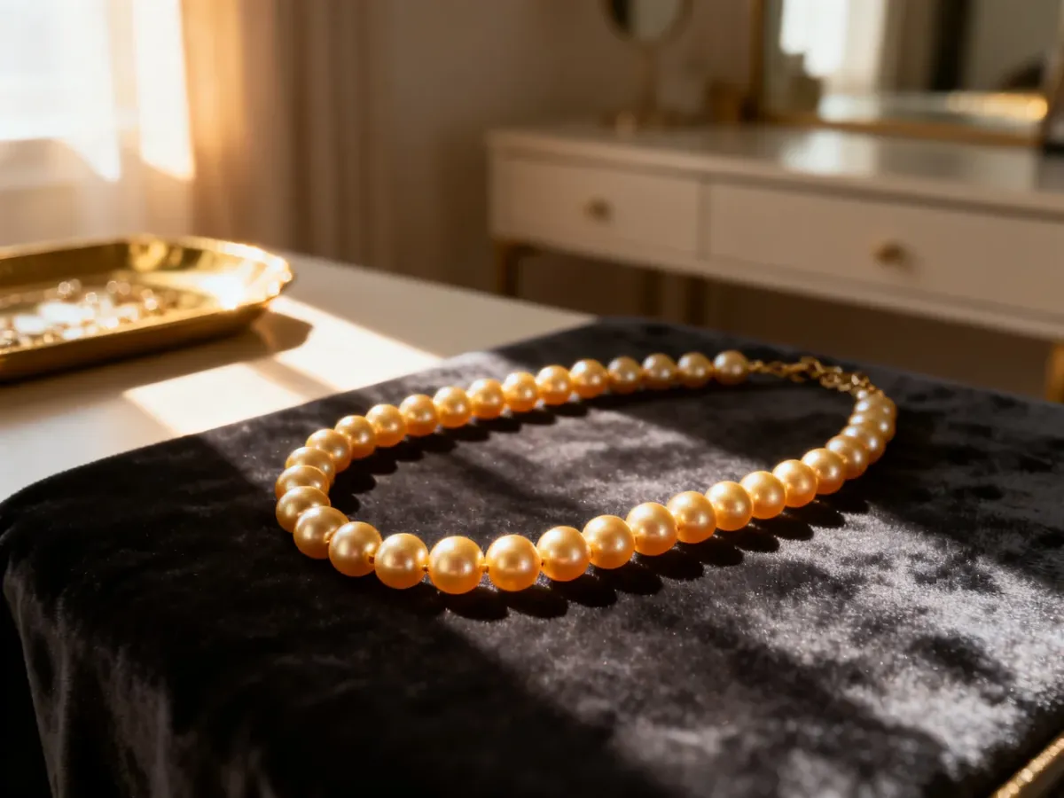 Luksusowy sznur złotych pereł spoczywający na ciemnym, aksamitnym materiale w eleganckim wnętrzu.