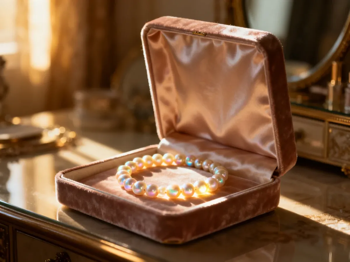 Naszyjnik z naturalnych pereł spoczywający w eleganckiej, wyściełanej aksamitem szkatułce.