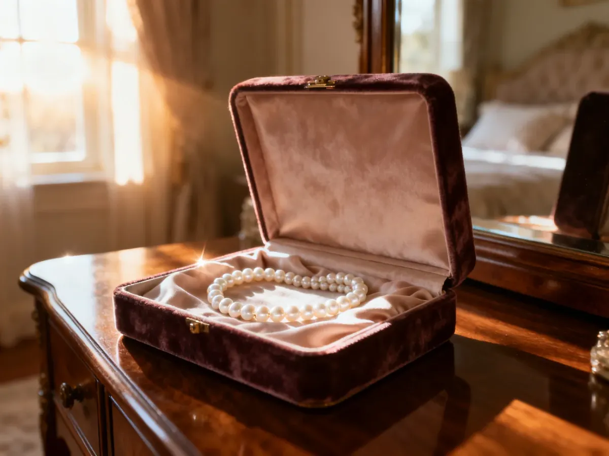 Naszyjnik z pereł spoczywający w eleganckim, wyściełanym aksamitem pudełku na toaletce.