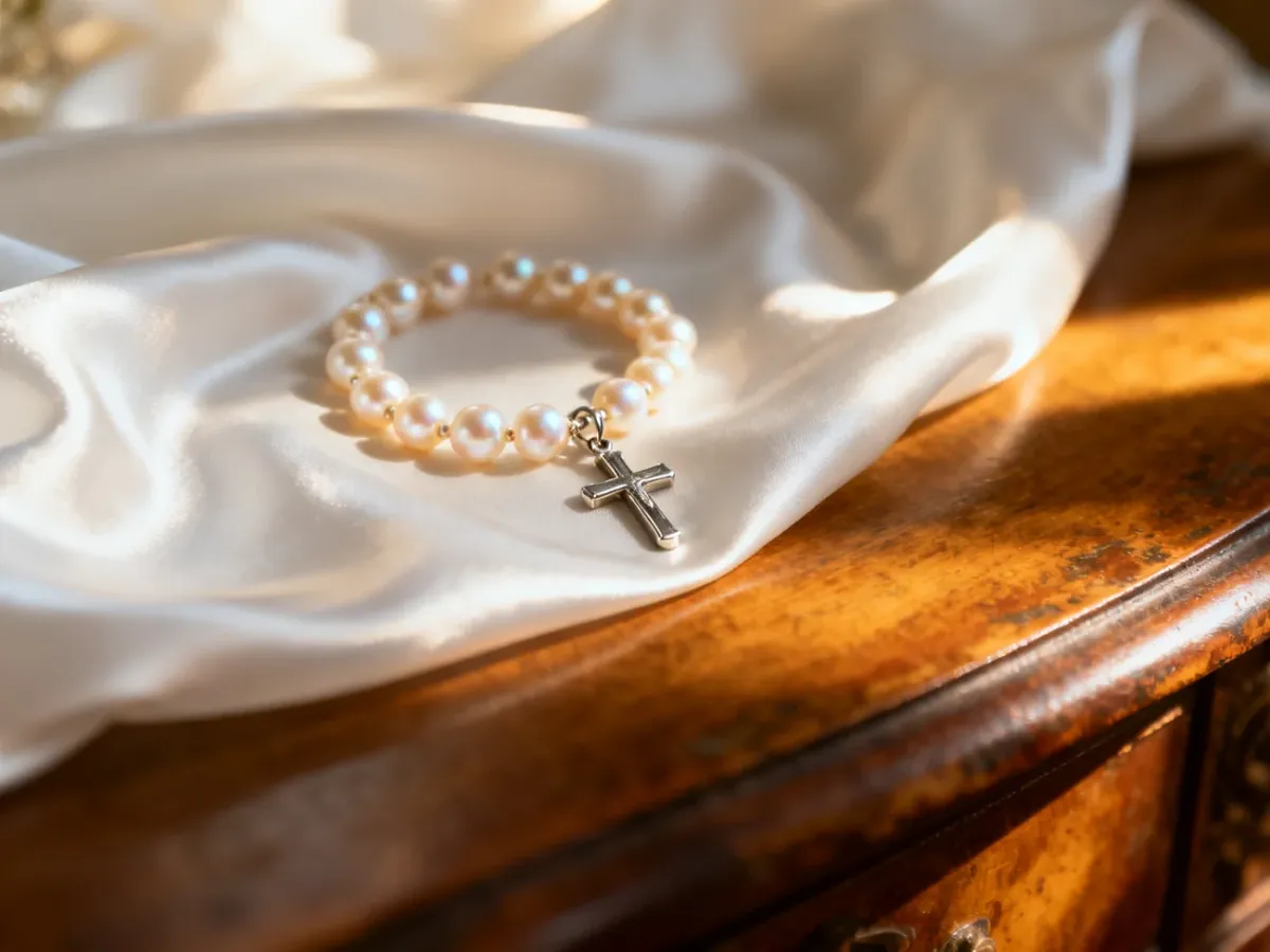 Delikatna bransoletka z pereł i srebrny krzyżyk na białej satynie – elegancki prezent na chrzest.