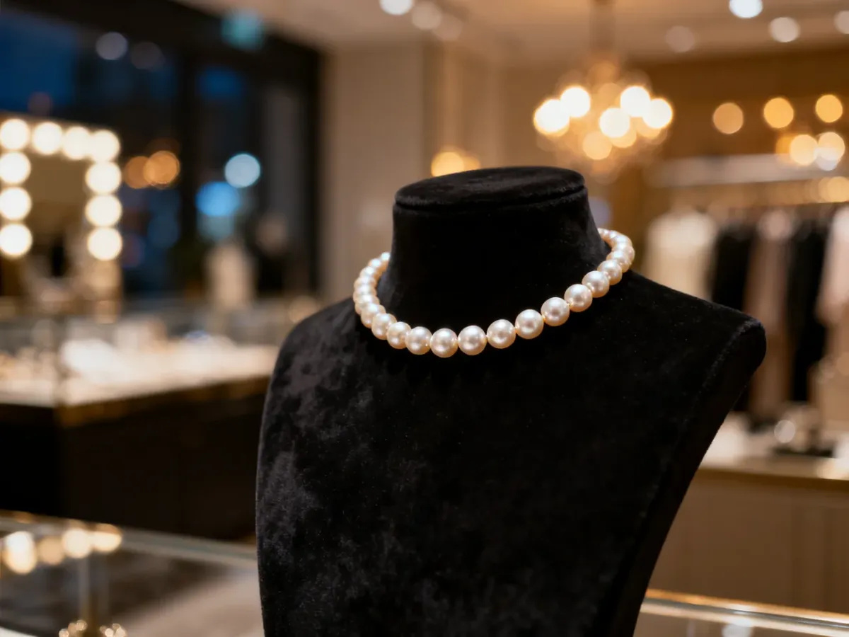 Elegancki choker z perłami wyeksponowany na aksamitnym stojaku w nastrojowym wnętrzu butiku.