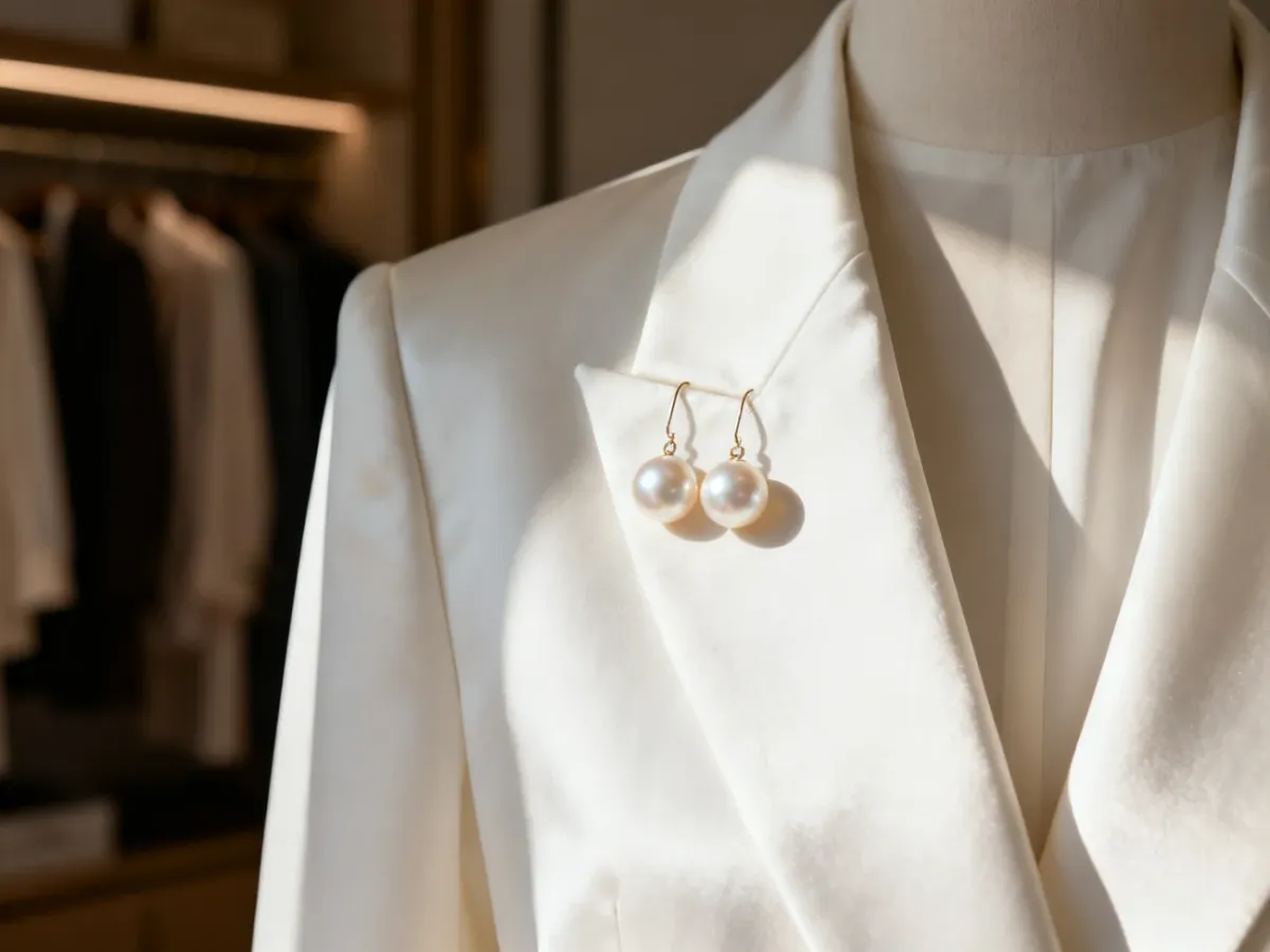 Eleganckie, minimalistyczne kolczyki z perłami spoczywające na białej marynarce damskiej w świetle poranka.
