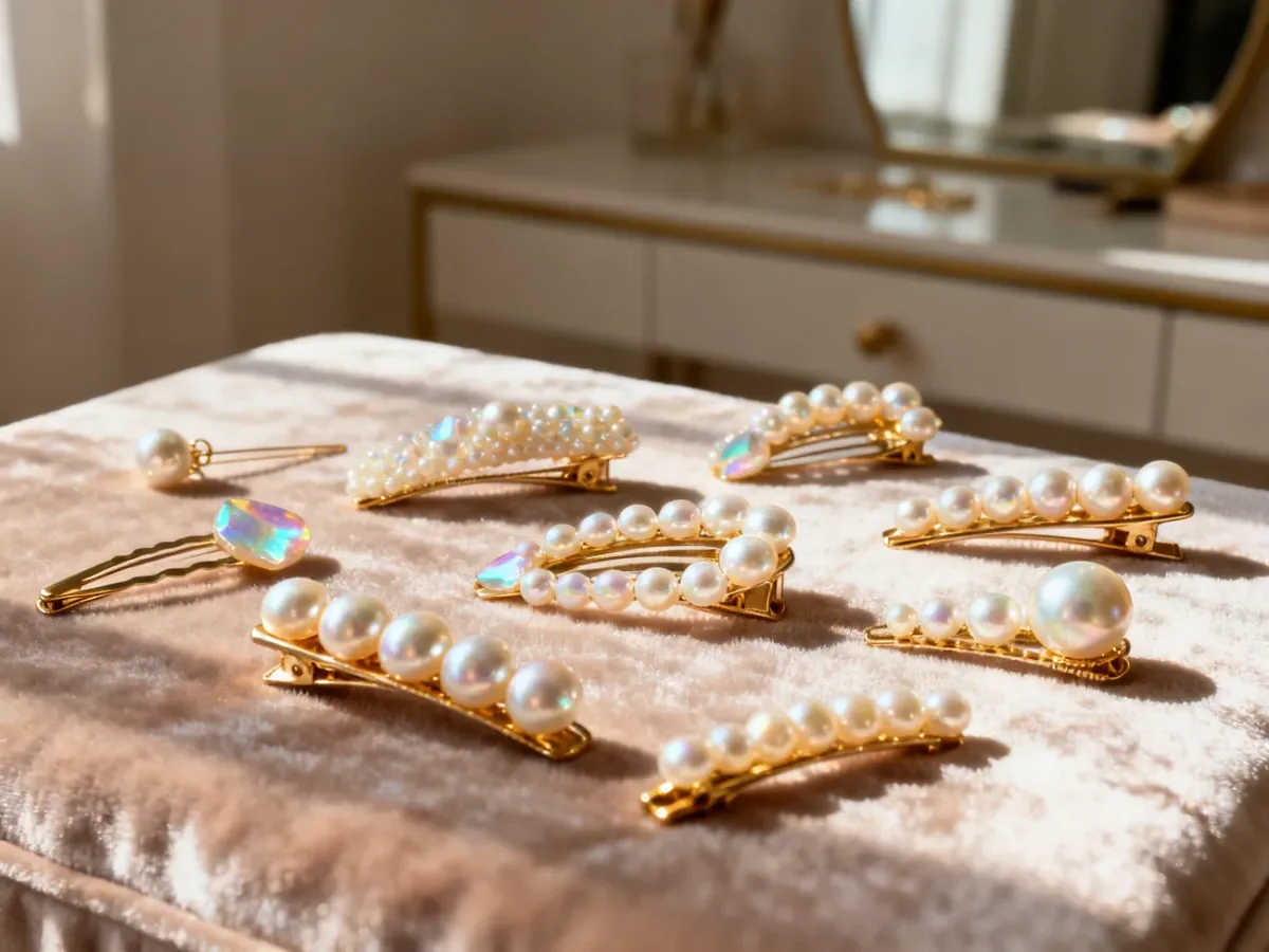Eleganckie spinki z perłami ułożone na aksamitnym materiale, podkreślające ich blask i złote detale.