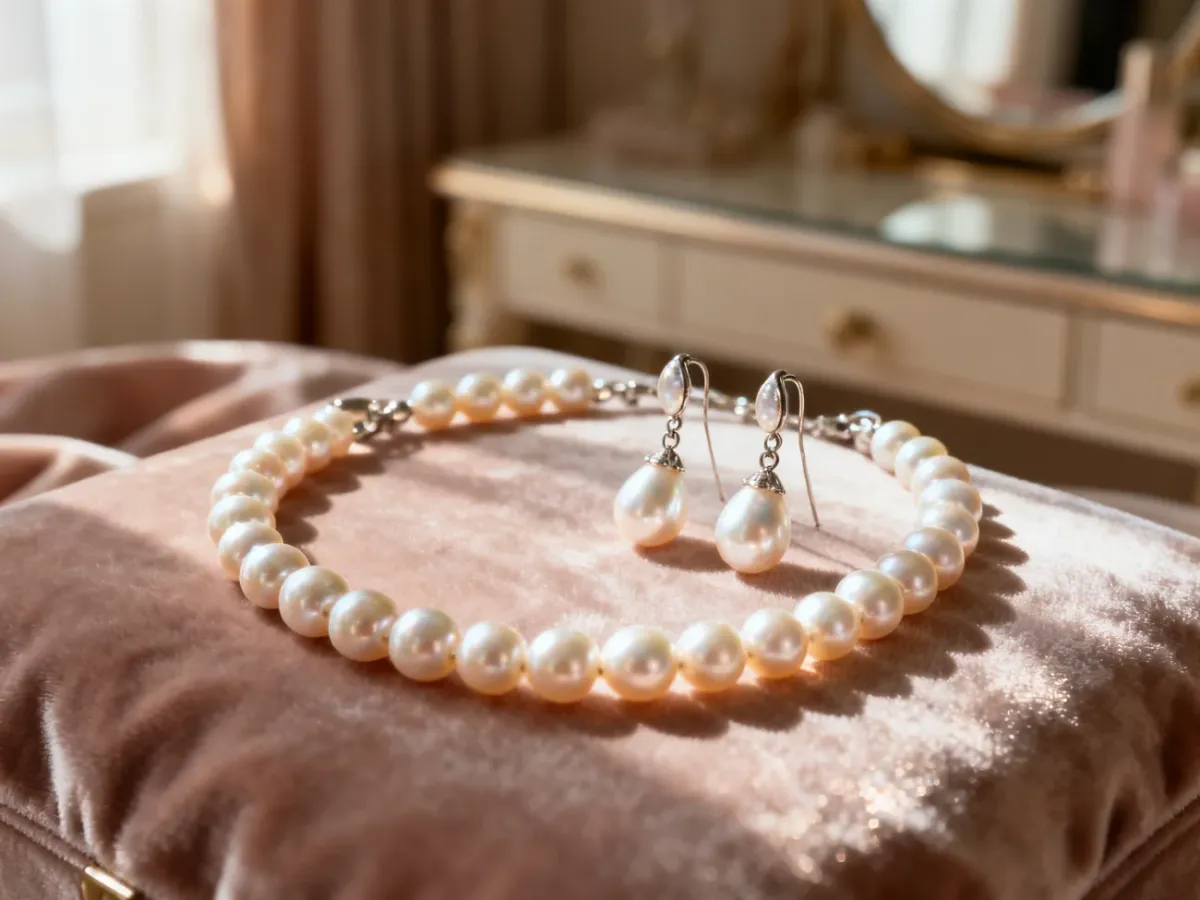 Elegancki zestaw biżuterii z perłami – naszyjnik i kolczyki – ułożony na miękkim, aksamitnym materiale.