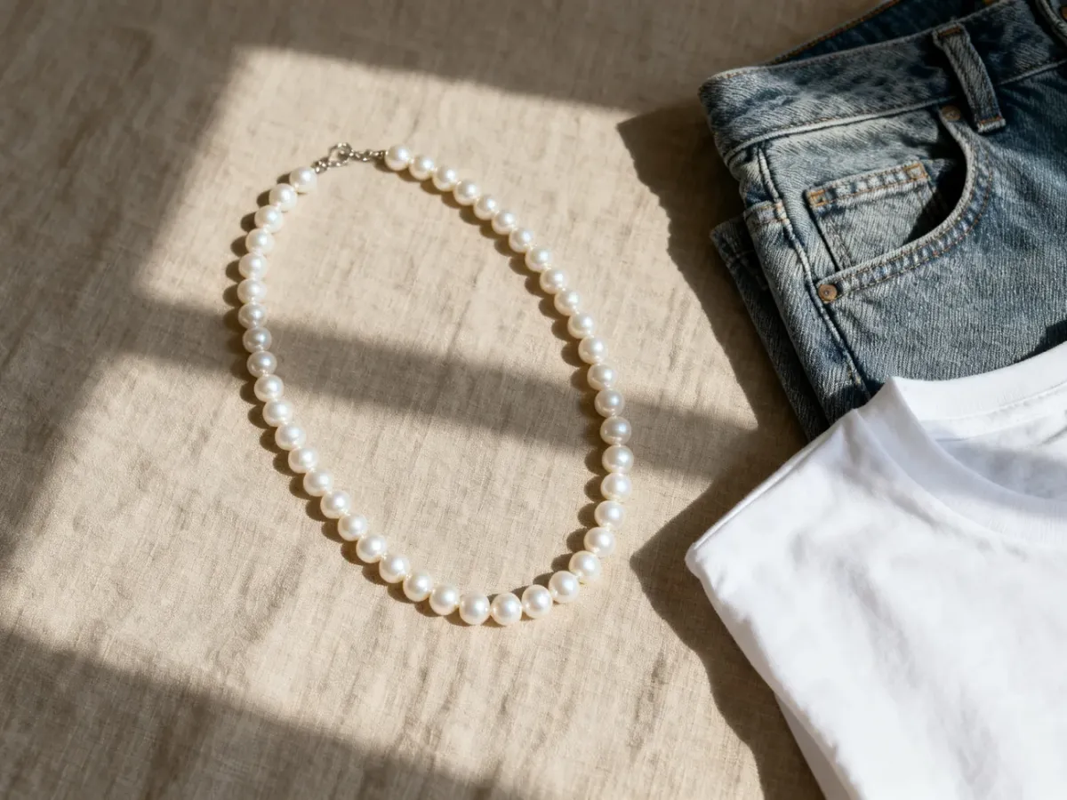 Perłowy naszyjnik ułożony na lnianej tkaninie obok jeansów i białego t-shirtu, prezentujący stylizację z perłami na co dzień.