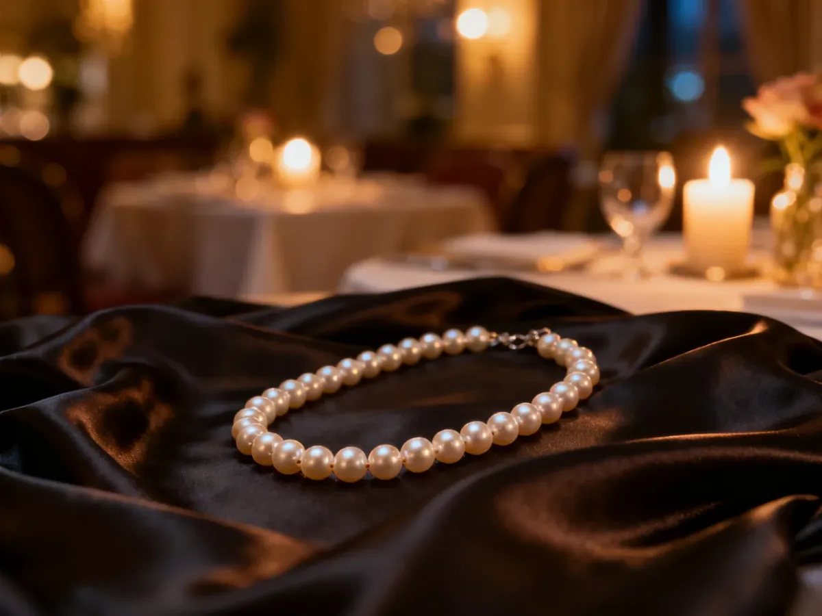Elegancki naszyjnik z pereł na ciemnym jedwabiu w tle romantycznej restauracji przy świecach.