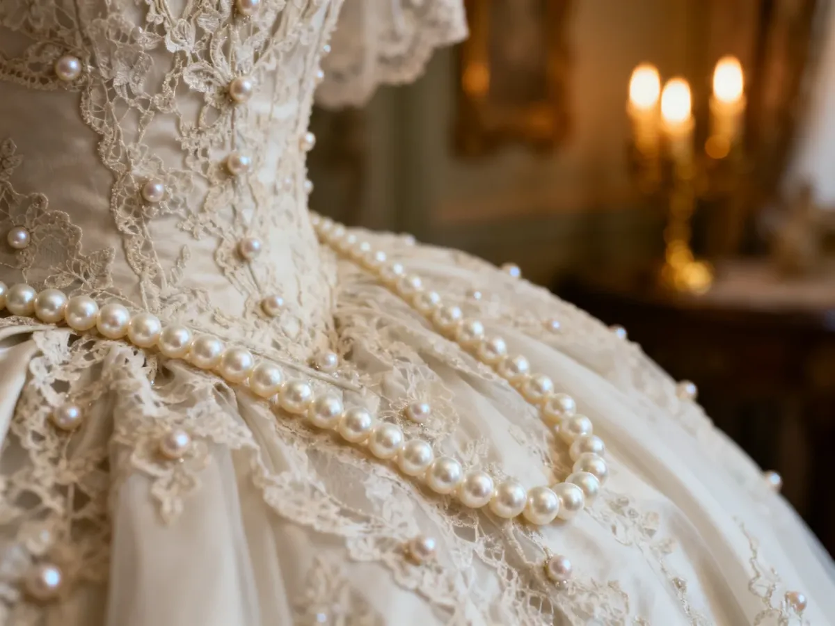 Eleganckie perły spoczywające na koronkowej tkaninie sukni ślubnej w stylu vintage w blasku świec.