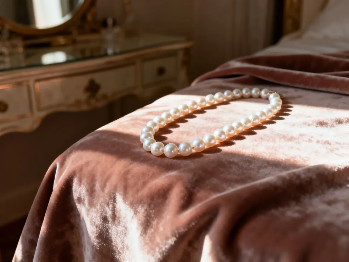 Elegancki sznur białych pereł spoczywający na aksamitnej tkaninie, podkreślający klasyczny styl ślubnych dodatków.