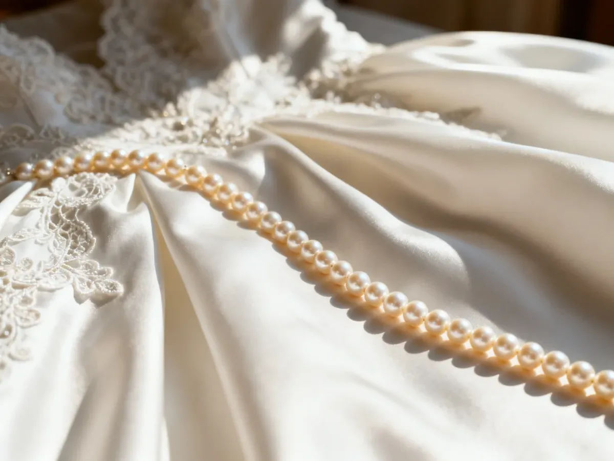 Elegancki sznur kremowych pereł spoczywający na delikatnej, koronkowej tkaninie sukni ślubnej w świetle poranka.