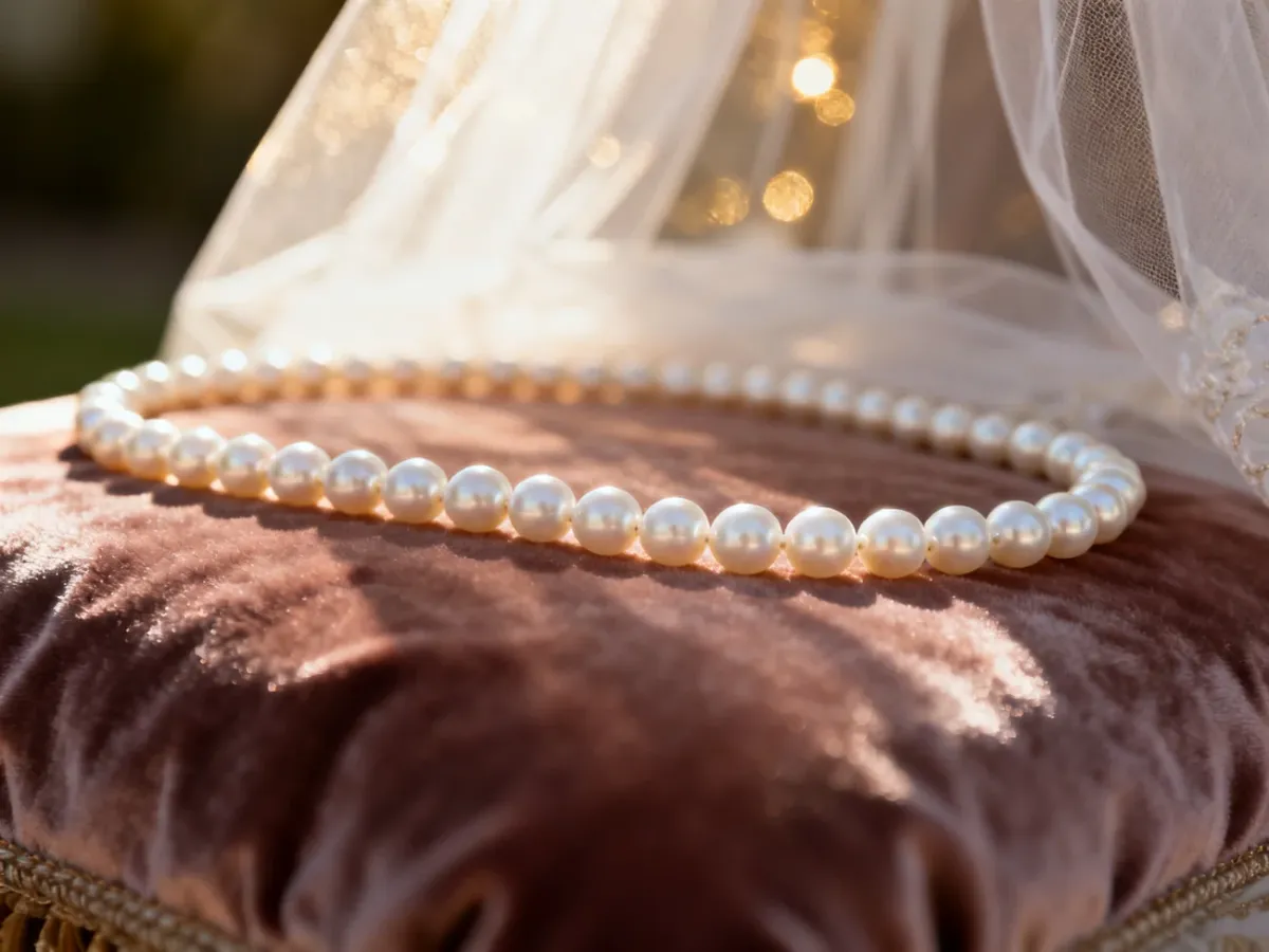 Klasyczny sznur białych pereł na aksamitnym tle, tworzący romantyczną i elegancką stylizację ślubną.