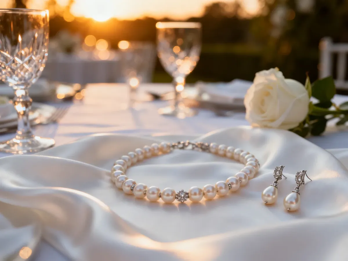 Luksusowy naszyjnik i kolczyki z pereł na białym jedwabiu, tworzące elegancką i romantyczną ślubną stylizację glamour.