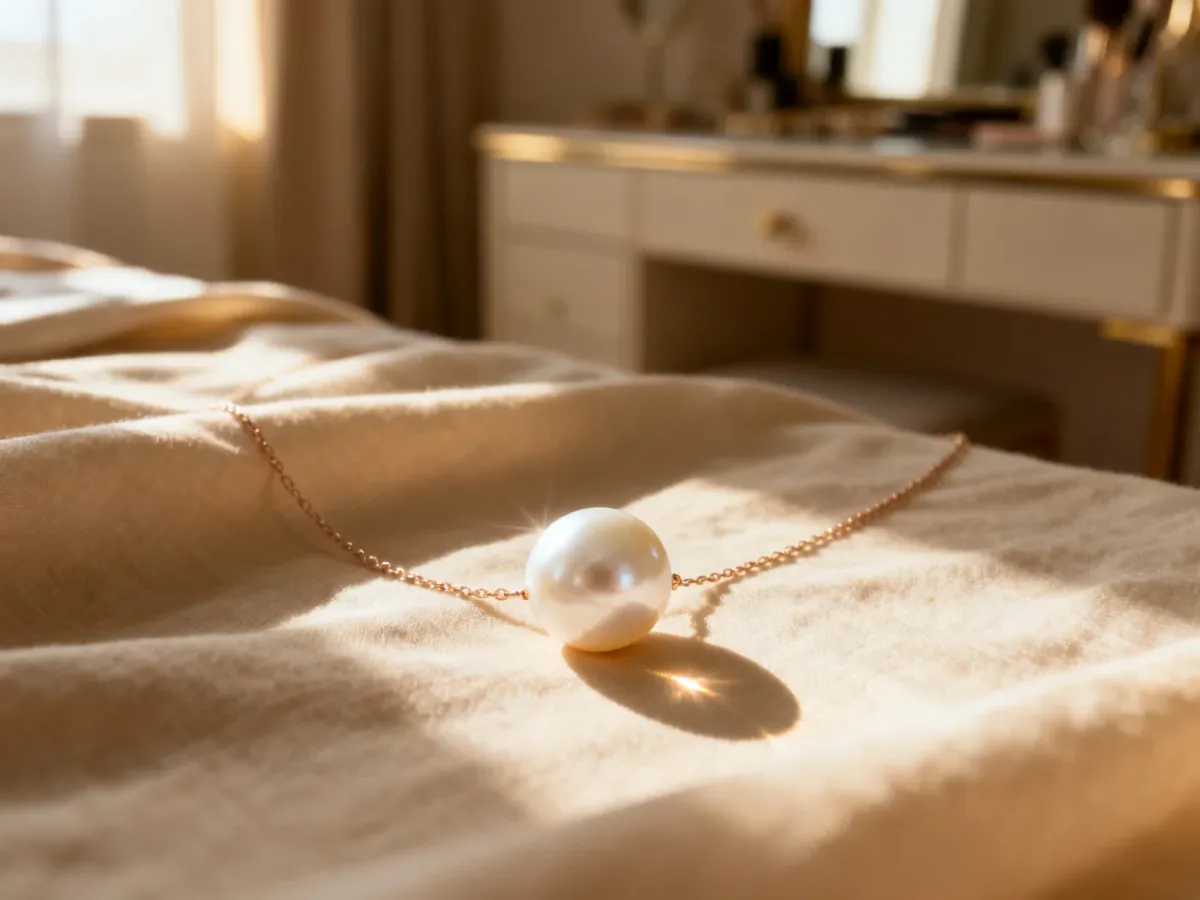 Delikatny naszyjnik z perłą na beżowym lnie, podkreślający elegancję i subtelność biżuterii do noszenia na co dzień.