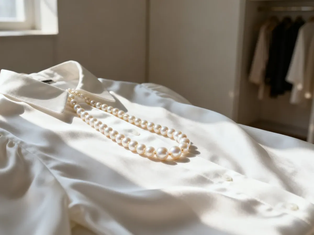 Elegancki sznur klasycznych białych pereł spoczywający na jedwabnej bluzce w świetle poranka.