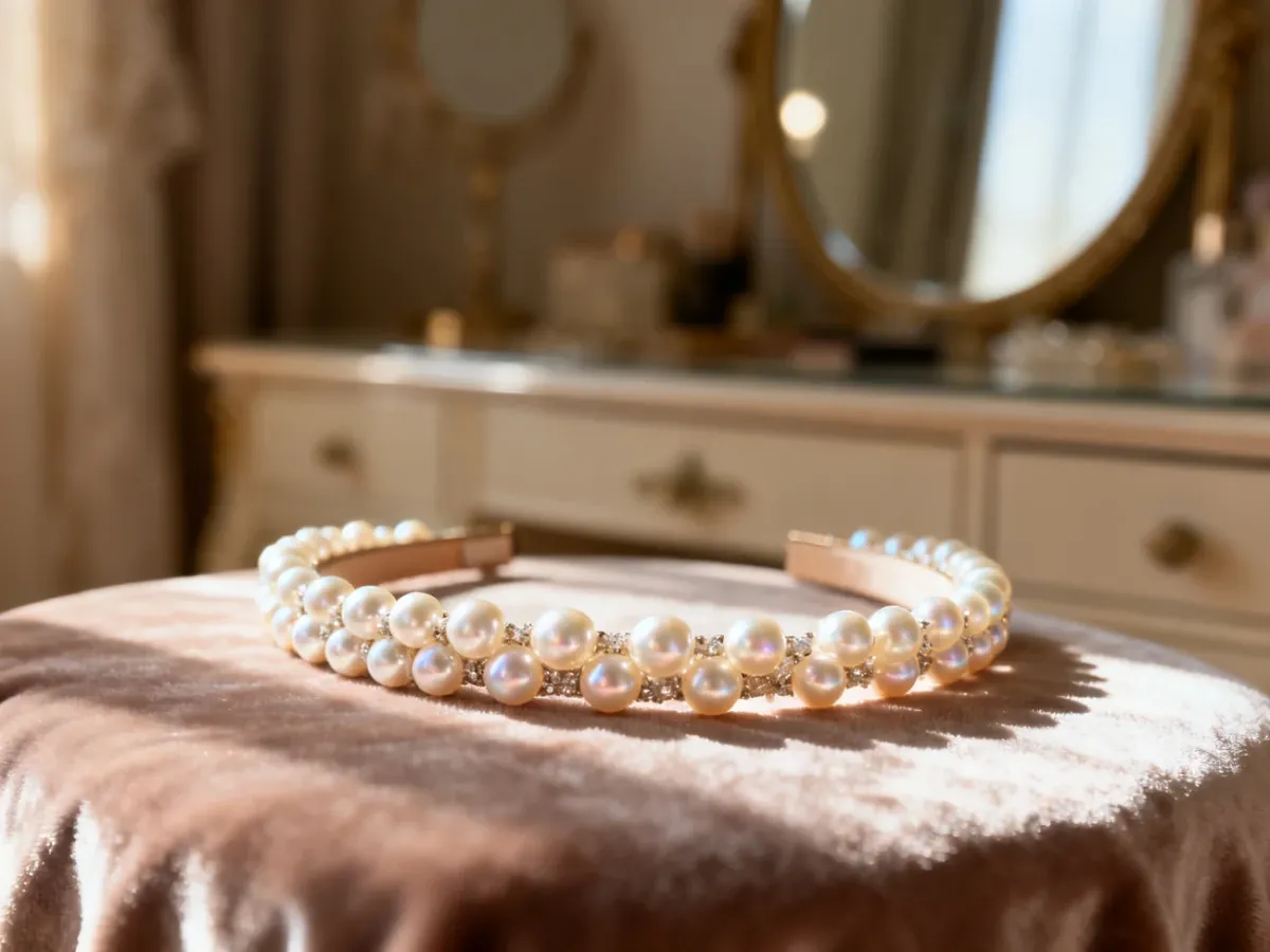 Elegancka opaska z perłami leżąca na aksamitnym materiale w otoczeniu toaletki w ciepłym świetle poranka.