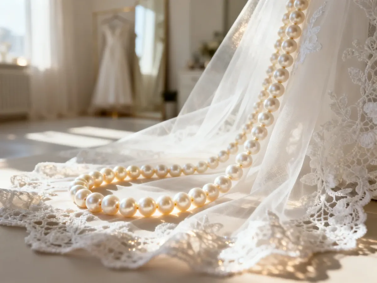 Luksusowy sznur białych pereł spoczywający na delikatnym ślubnym welonie w jasnym, eleganckim wnętrzu.