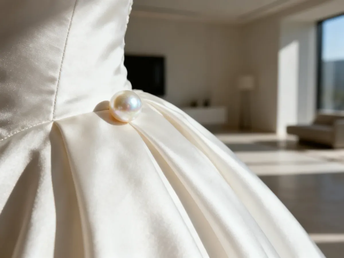 Elegancki naszyjnik z naturalnych pereł spoczywający na minimalistycznej, jedwabnej tkaninie sukni ślubnej.