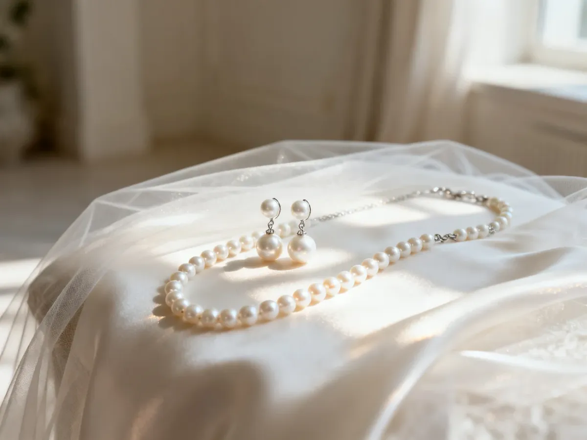 Delikatny naszyjnik i kolczyki z białych pereł ułożone na ślubnym welonie, stanowiące elegancki dodatek do sukni ślubnej.
