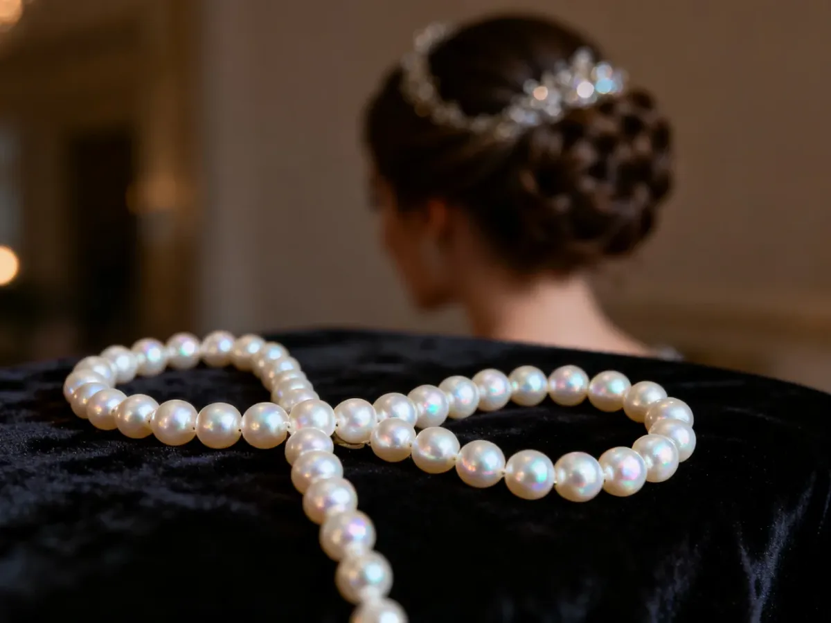 Błyszczący naszyjnik z pereł na ciemnym aksamicie w towarzystwie eleganckiego upięcia wieczorowego.