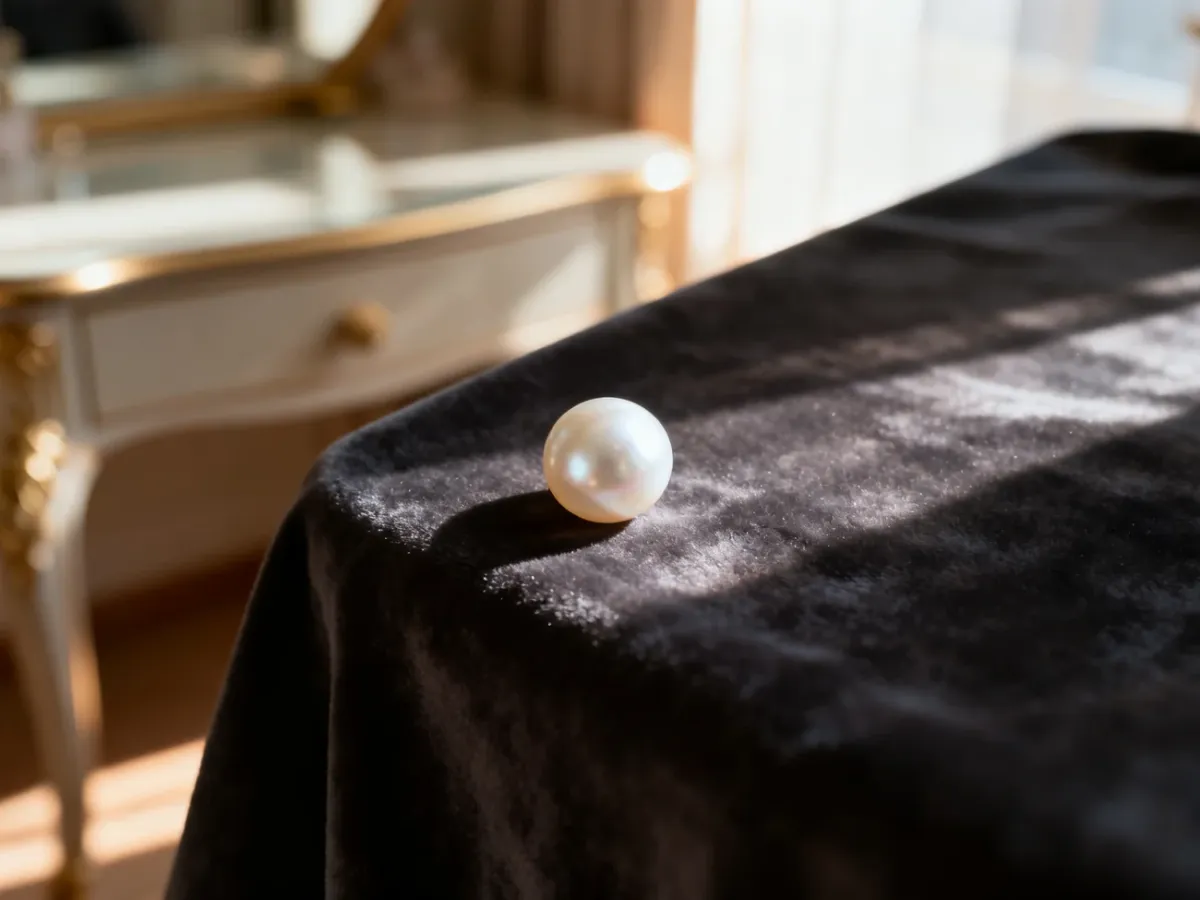 Pojedyncza, lśniąca biała perła spoczywająca na ciemnym, aksamitnym materiale w eleganckim otoczeniu.